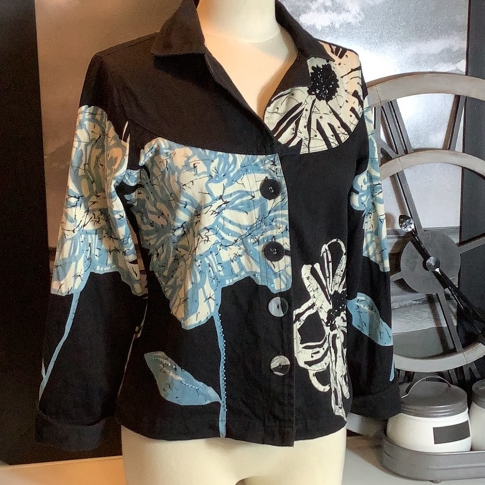 Life Style Black Ivory Teal Graphic Floral Embellished Cottagecore Jacket Sz S
